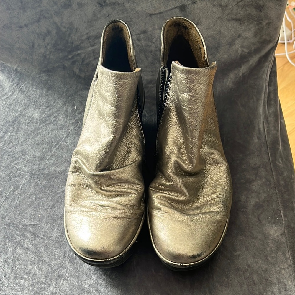 Gold Leather Ankle Booties with Rounded Toe